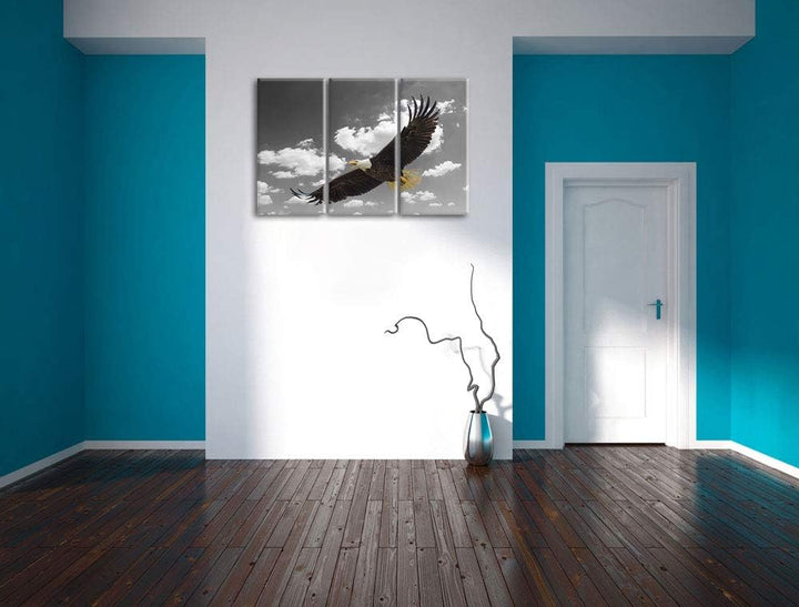 prächtiger Weisskopfseeadler beim fliegen schwarz/weiss 3-Teiler Leinwandbild 120x80 Bild auf Leinwa