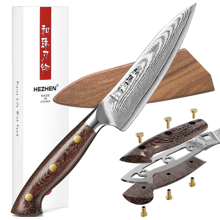 HEZHEN Damaststahl Universal Messer, Hartstahl Allzweckmesser mit Holzmesserscheide, Rasiermessersch