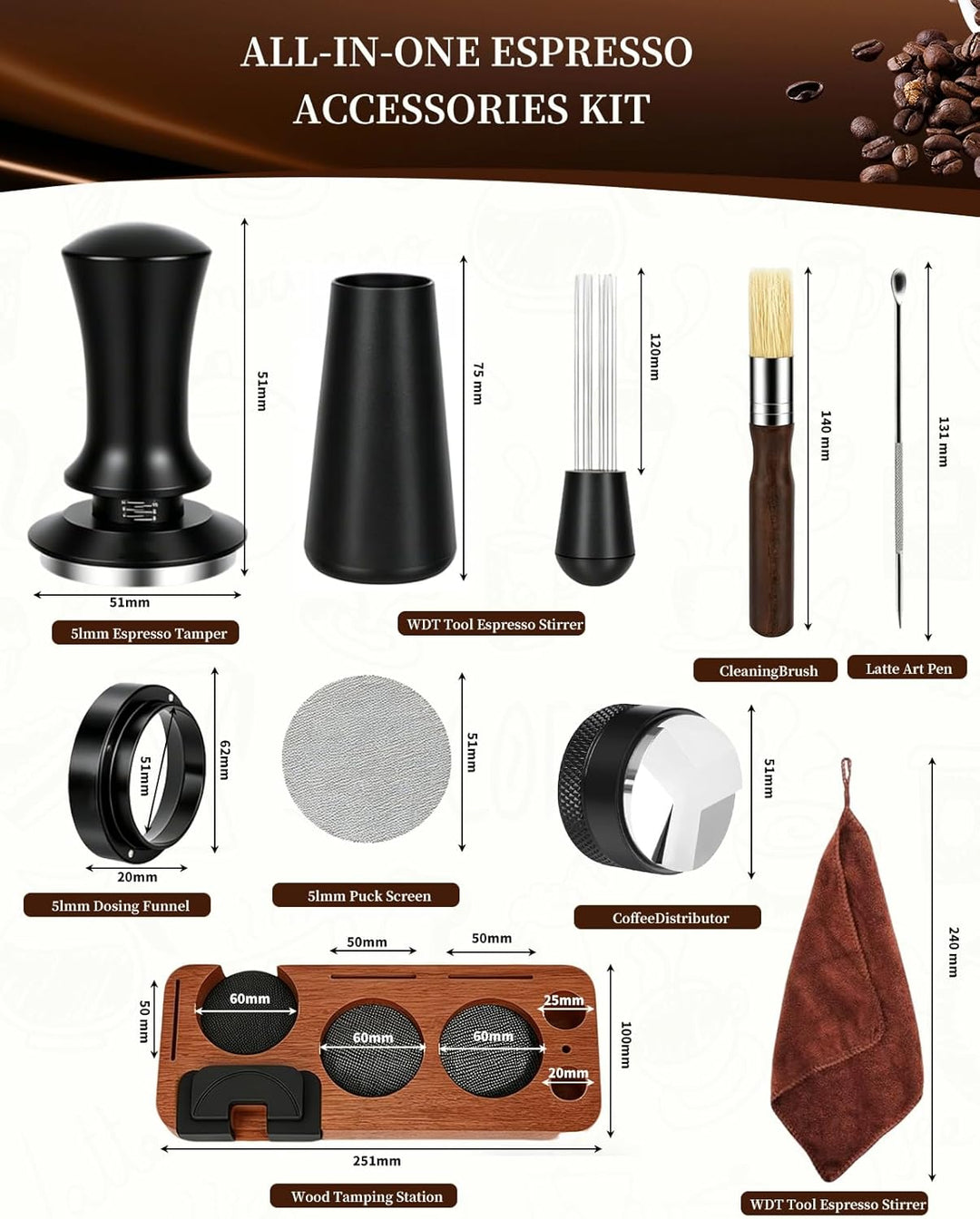 51mm Kaffee Tamper Set, 25 PCS Espresso Tamper, Kaffee Tamper 51mm mit Tamperstation, Coffee Leveler
