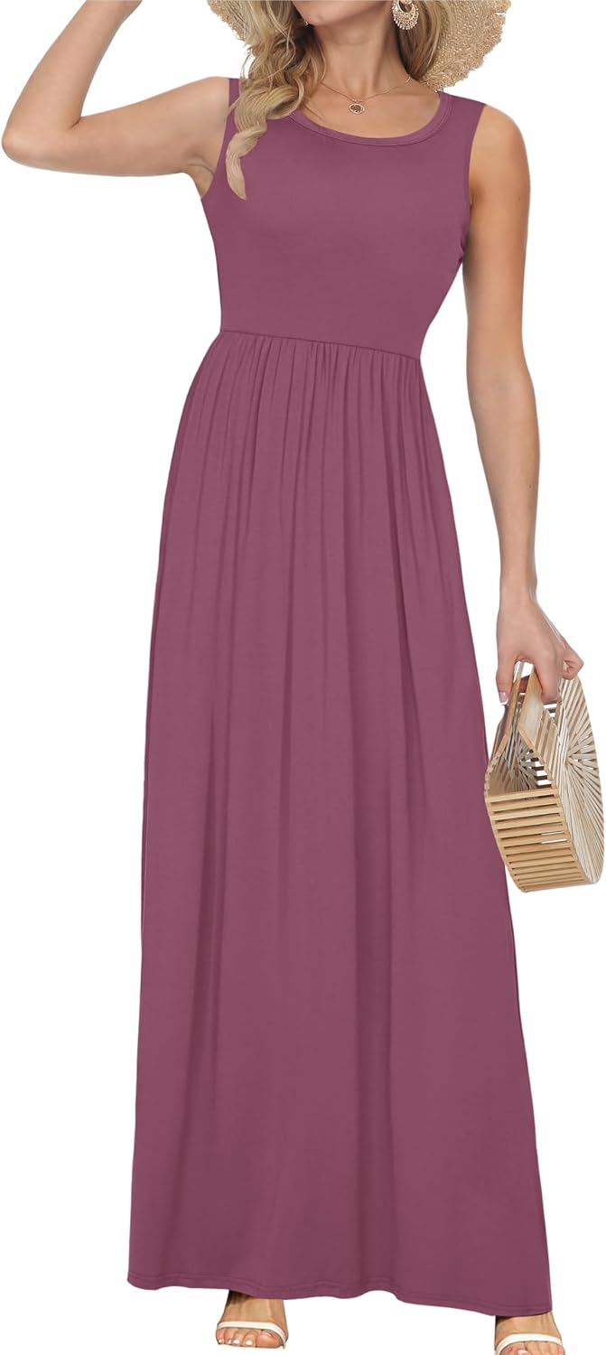 AUSELILY Damen Sommer Maxikleid | Ärmelloses,Taschen,Lockeres,Lässiges,Langes,Atmungsaktives Materia