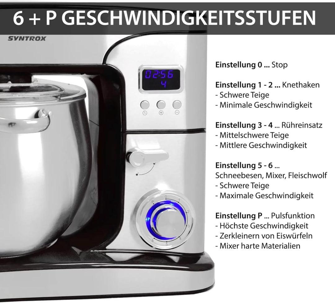 Syntrox Küchenmaschine Schwarz Edelstahl 12 Liter Küchengerät & Fleischwolf, Multi-Funktions-Küchenh