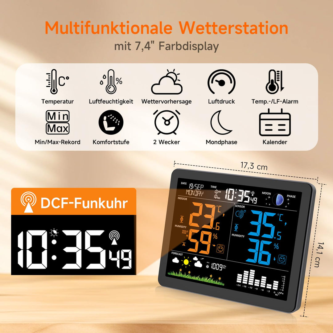 Uzoli EM3566 Wetterstation funk mit Aussensensor, Funkuhr, Innen Aussen Temperatur Feuchtigkeit, Wet