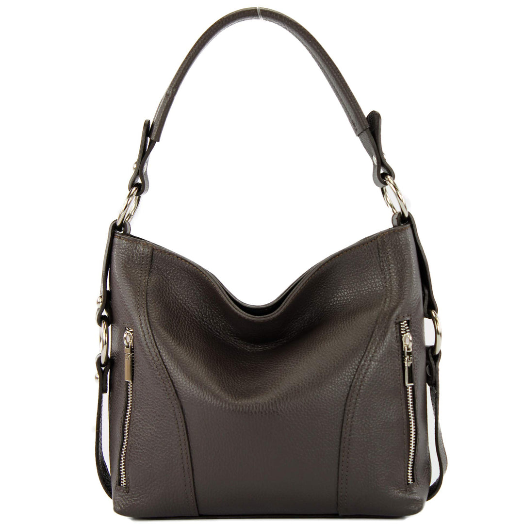 modamoda de - T202 - ital. Damen Henkeltasche Schultertasche aus Leder Dark Chocolate, Dark Chocolat