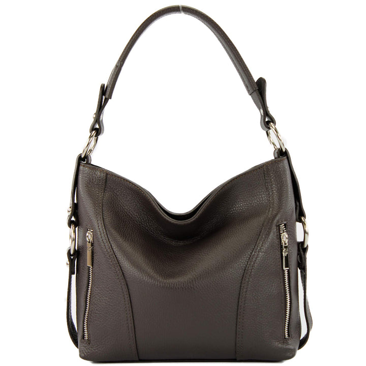 modamoda de - T202 - ital. Damen Henkeltasche Schultertasche aus Leder Dark Chocolate, Dark Chocolat