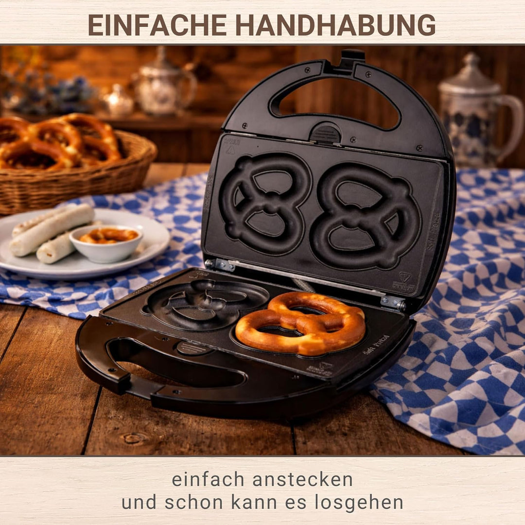 Syntrox Germany SM-1300W-Soft-Brezel Maker mit antihaftbeschichteten Wechselplatten für 2 grosse Bre