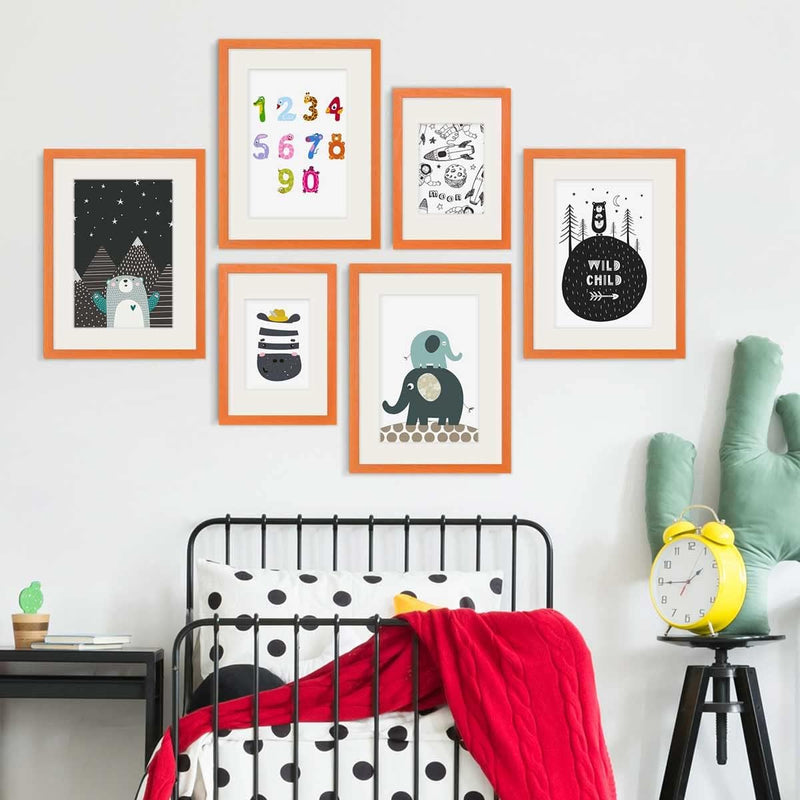 PHOTOLINI Bilderrahmen-Set Kinderzimmer A4 21x30, 30x40 cm Orange mit Passepartout, 6er Set Wechselr