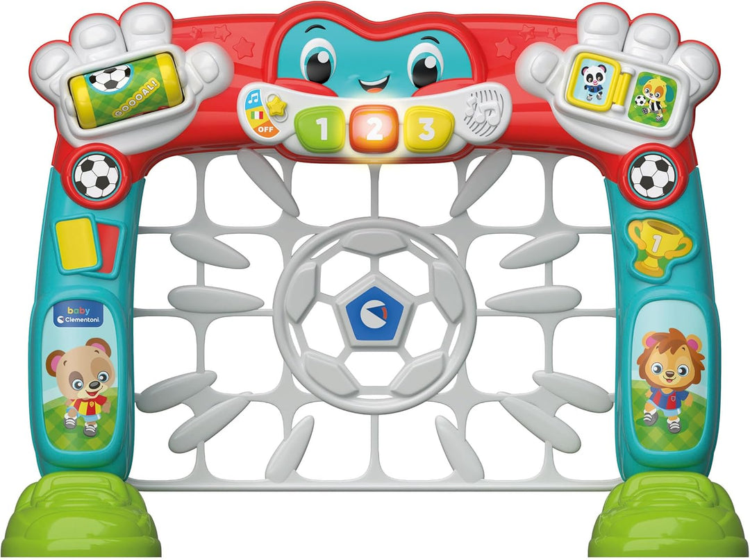 Clementoni Baby Tira e Segna Goleador Fussballtor für Kinder mit Ball, sprechendes Aktivitätszentrum