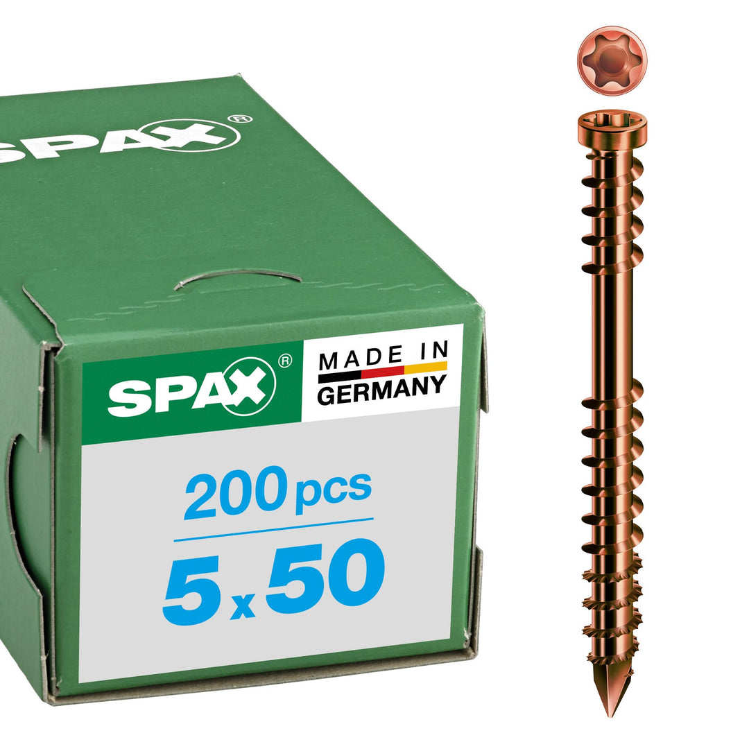 SPAX Terrassenschraube aus Edelstahl rostfrei A2, 5,0 x 50 mm, 200 Stück, T-STAR plus, Zylinderkopf,
