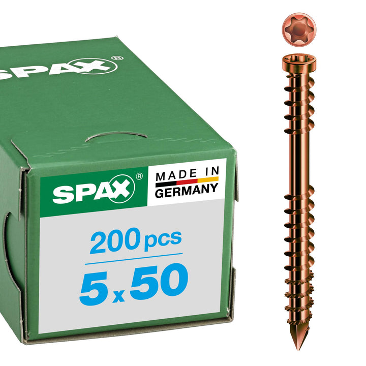 SPAX Terrassenschraube aus Edelstahl rostfrei A2, 5,0 x 50 mm, 200 Stück, T-STAR plus, Zylinderkopf,
