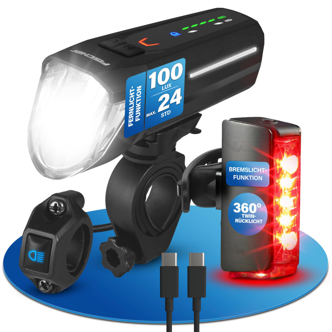 FISCHER Fahrrad LED-Akku Beleuchtungs-Set Twin Stop 100 Lux, mit Sensormodus, Lange Leuchtdauer, sta