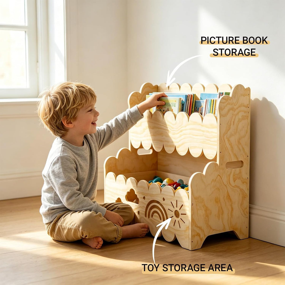 Kinder Bücherregal Holz, 2-Stöckiges Kinderbücherregal Montessori-Bücherregal Bücherkiste Kinder Wol