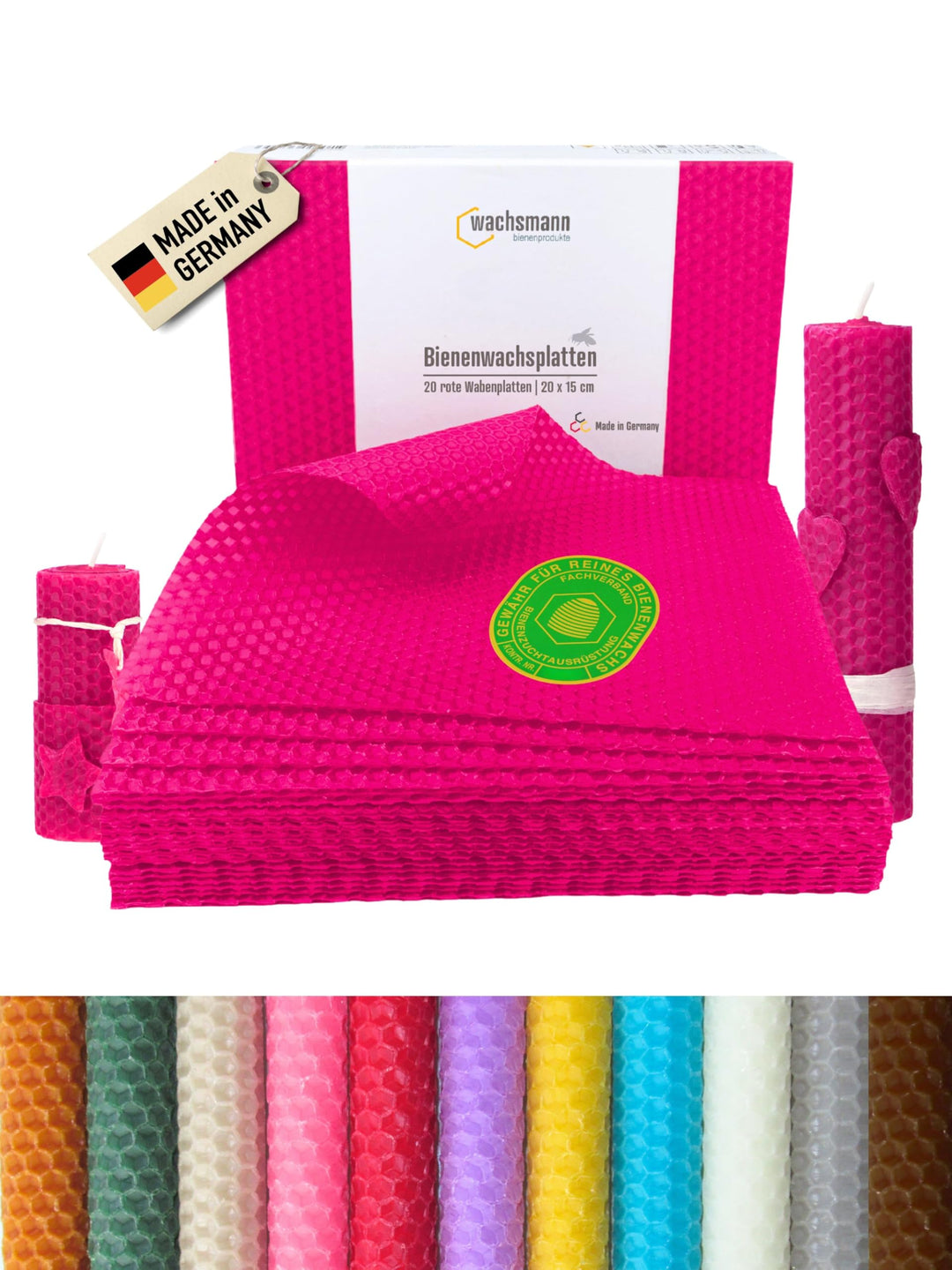 Wachsmann 20 Bienenwachsplatten aus Deutschland, pink, Wachsplatten 20 x 15 cm, Bienenwachs Kerzen s