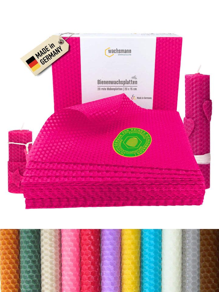 Wachsmann 20 Bienenwachsplatten aus Deutschland, pink, Wachsplatten 20 x 15 cm, Bienenwachs Kerzen s