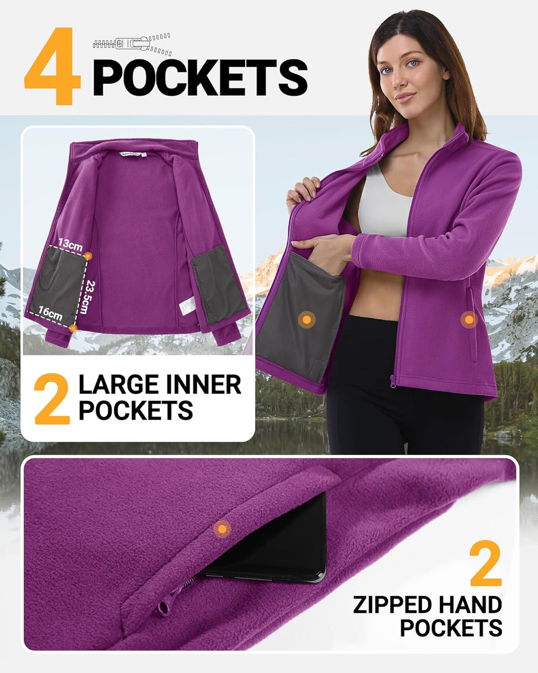 Outdoor Ventures Damen Fleecejacke mit Durchgehendem Reissverschluss Stehkragen Frauen Leichte Fleec