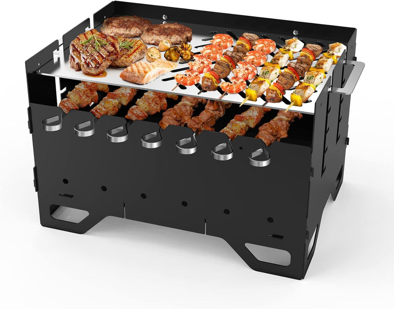 Onlyfire Mobiler Mangal Kohlegrill | Schaschlik Grill mit Plancha Grillplatte & 7 Spiesse, 2 in 1 Tr