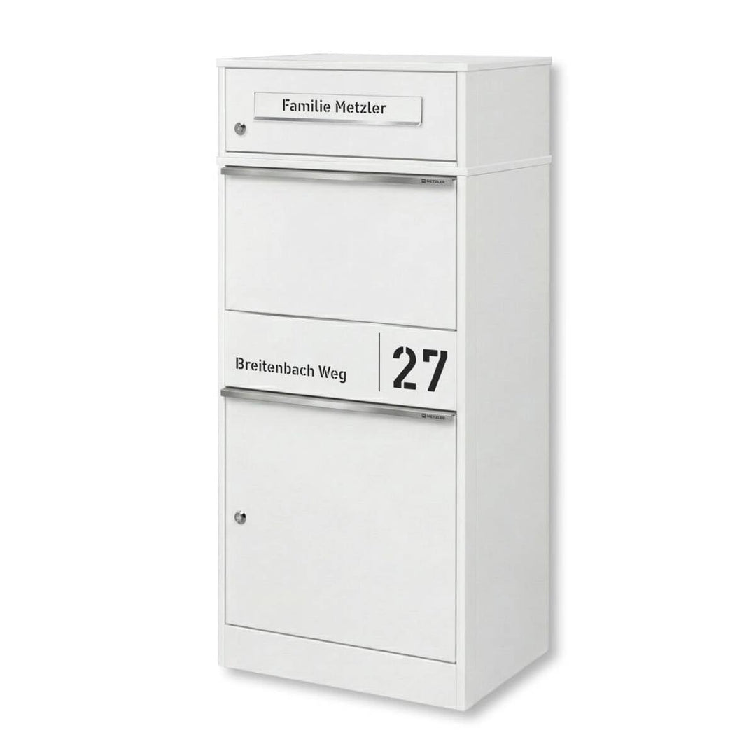 Metzler Paketbox draussen gross in Weiss RAL9016 - Briefkasten mit Paketfach personalisiert mit Grav