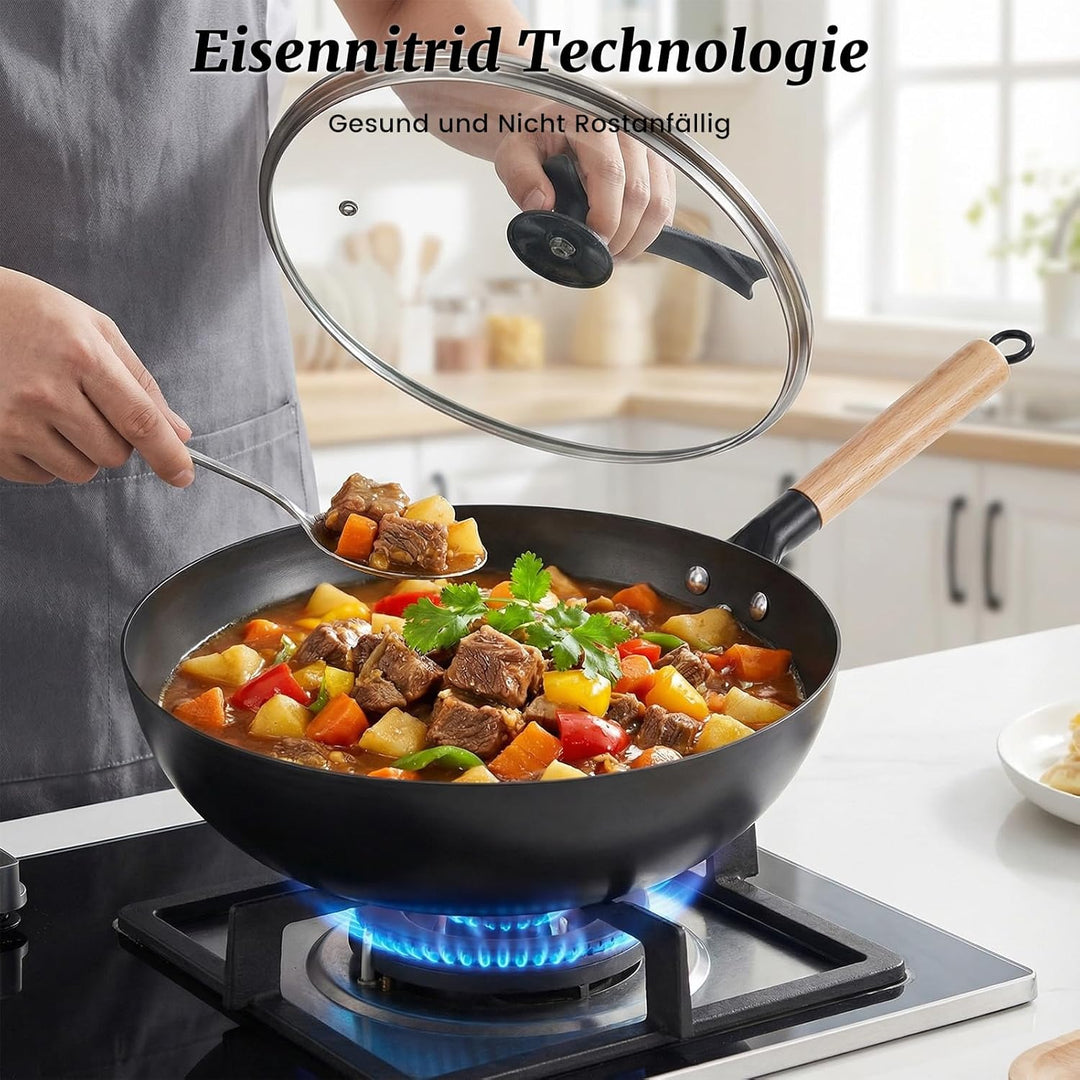 32cm Bratpfanne Wok mit Deckel Eisenpfanne: Massivholzgriff Induktionsgeeignet Geschmiedet Eisenpfan