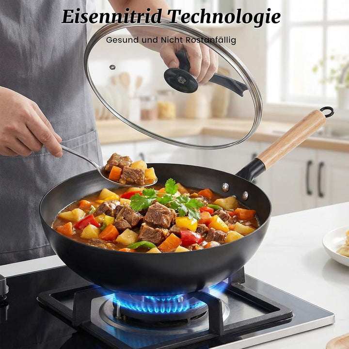 32cm Bratpfanne Wok mit Deckel Eisenpfanne: Massivholzgriff Induktionsgeeignet Geschmiedet Eisenpfan