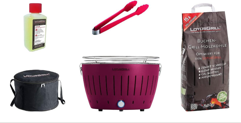 LotusGrill Starter-Set Classic 1x Grill Pflaumenlila mit USB-Anschluss, 1x Buchenholzkohle 2,5 kg, 1