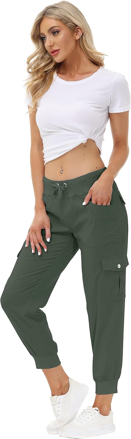 JINSHI Hosen Damen Cargohose Lange Capri Freizeithose Outdoor Jogginghose High Waist mit Kordelzug,