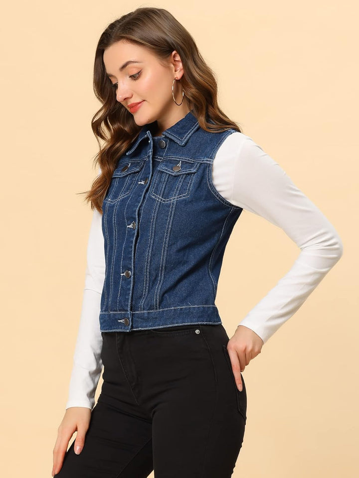 Allegra K Damen Denim Vest Collegejacke L Dunkelblau-1, L Dunkelblau-1