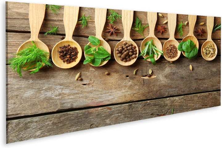 Bild Bilder auf Leinwand Holzlöffel mit frischen Kräutern und Gewürzen auf Holzuntergrund Wandbild P