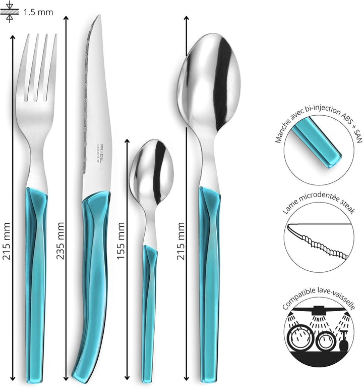 Lou Laguiole RISING SUN Besteck Set 6 Personen | 24-teilig | Türkis glänzend | Essbesteck 6 Personen