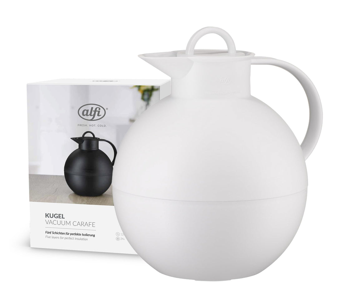 alfi KUGEL 0,94l, coconut white mat, Kunststoff-Isolierkanne mit hygienischem Hartglaseinsatz, Drehv