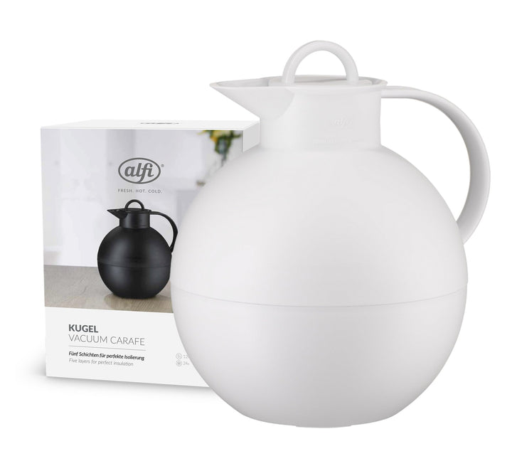 alfi KUGEL 0,94l, coconut white mat, Kunststoff-Isolierkanne mit hygienischem Hartglaseinsatz, Drehv