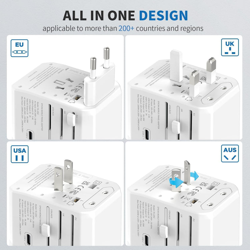 EPICKA Reiseadapter Weltweit, Universal Reisestecker Adapter 30W, Internationaler Steckdosenadapter