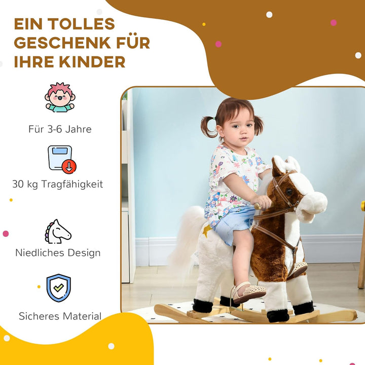 HOMCOM Schaukelpferd Schaukeltier Pferd mit Sound Effekt, Fussstütze, Haltegriffen Plüsch Baby Schau