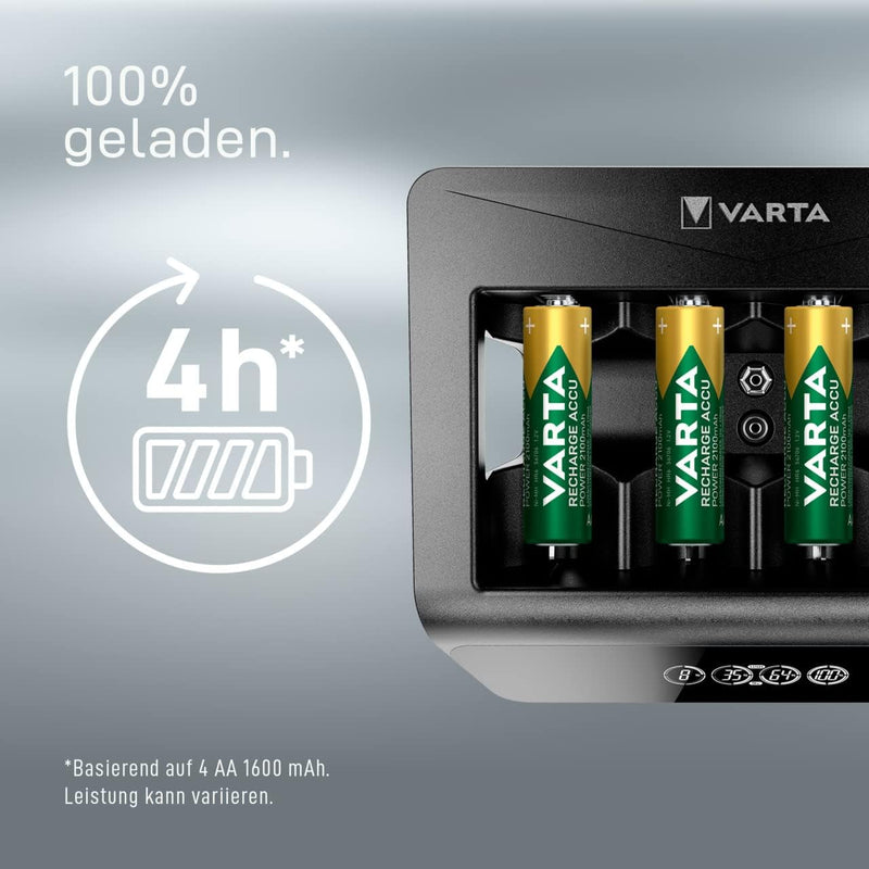 VARTA Universal Charger+, Ladegerät für Akkus in AA/AAA/9V und USB Geräte, Einzelschachtladung LCD U