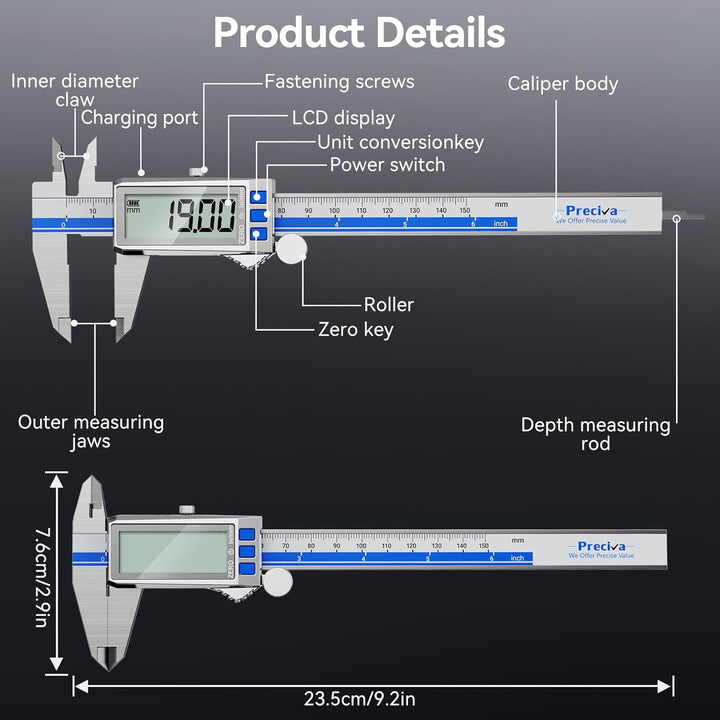 Preciva Digitaler Messschieber Aufladbar, 150 mm/0-6 Zoll Schieblehre Edelstahl, IP54 Schutz, LCD Di