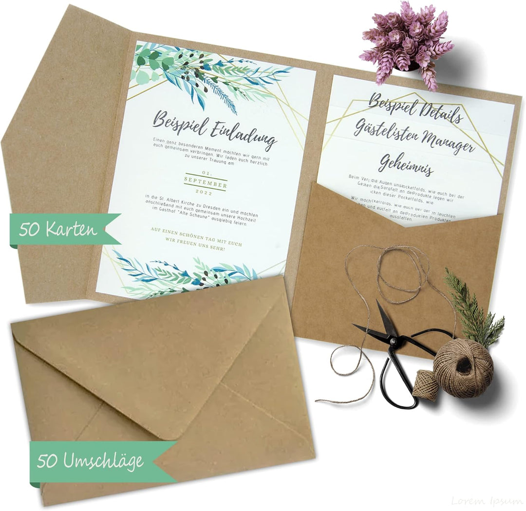 50 Stück Pocketfold Kraftpapier Hochzeitskarte blanko I 121 x 158 mm für DIN B6 Umschlag | 300 g/m²
