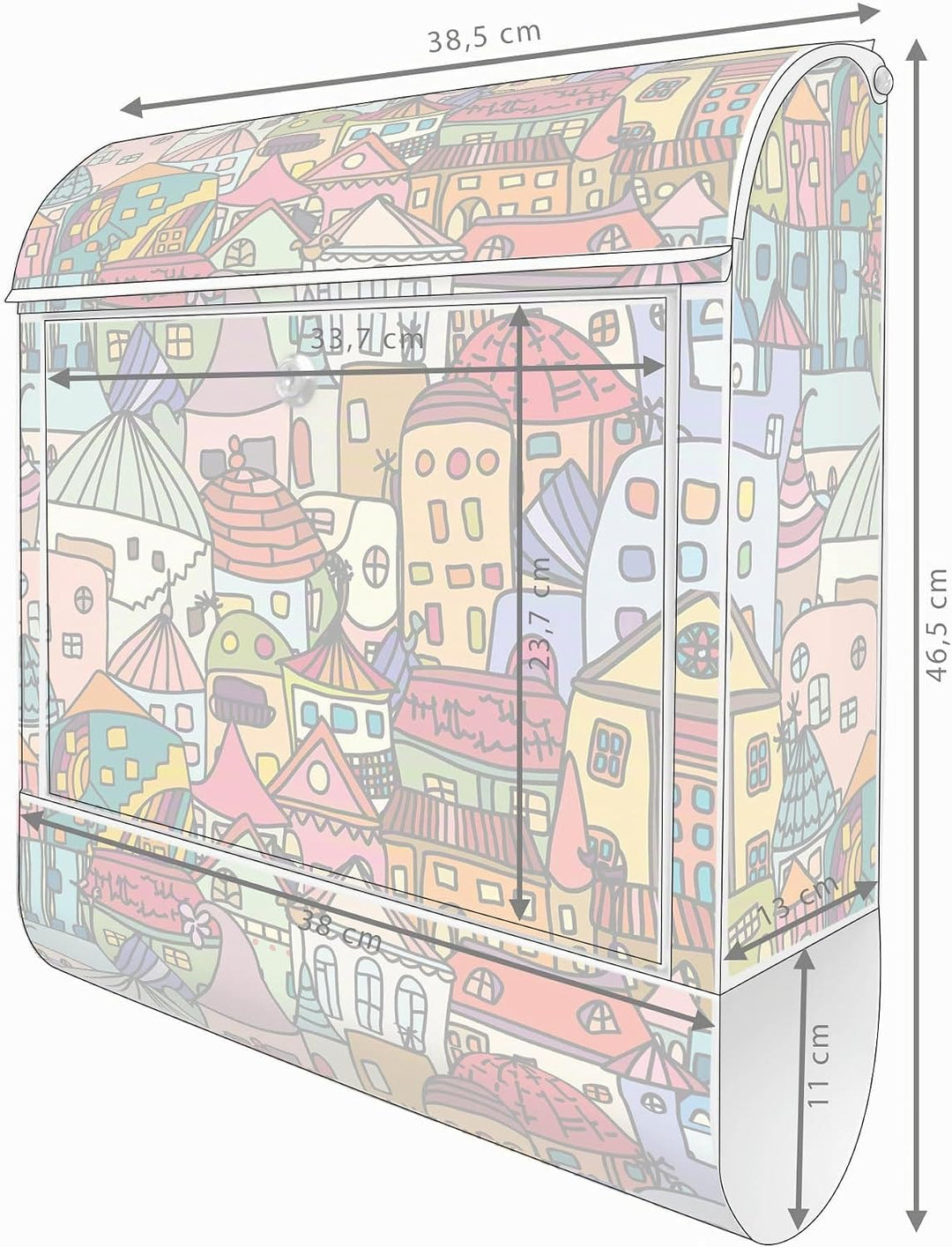 banjado® Design Briefkasten mit Motiv Funky Town 39x47x14cm &amp; 2 Schlüssel - Briefkasten Stahl weiss