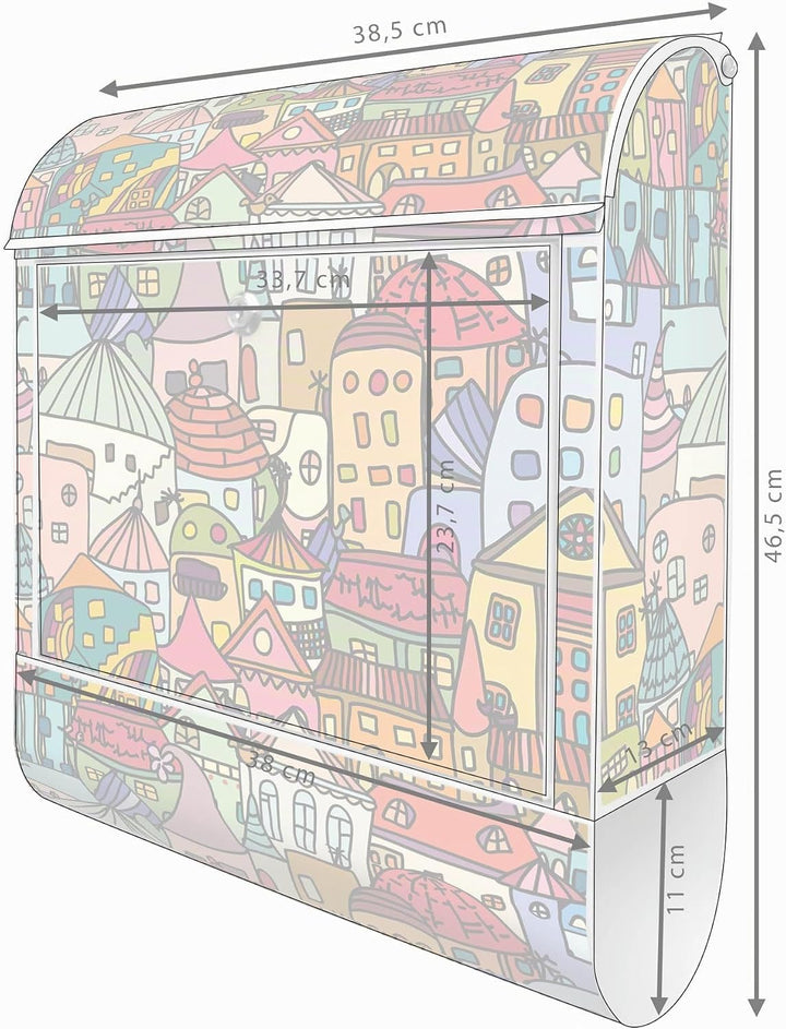 banjado® Design Briefkasten mit Motiv Funky Town 39x47x14cm &amp; 2 Schlüssel - Briefkasten Stahl weiss