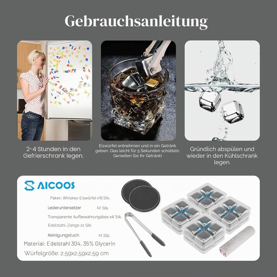 16 Stück Eiswürfel Aus Edelstahl Wiederverwendbare Whisky Steine Ice Cubes Set, Whiskysteine, Wein K