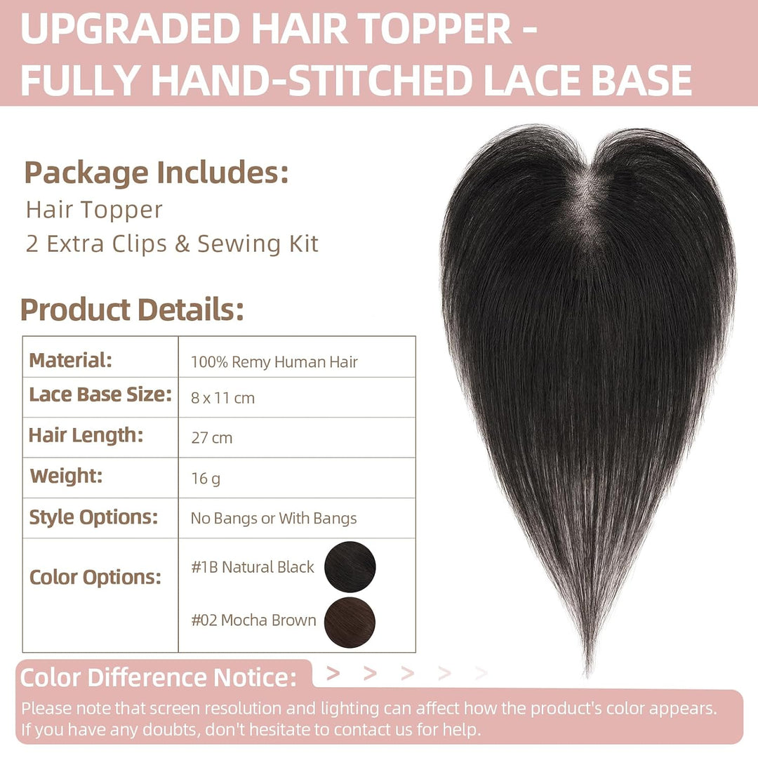 Silk-co Hair Topper Echthaar, 8x11cm handgebunden Basis Toupet Damen, Clip in Haarteile mit Spitzen-