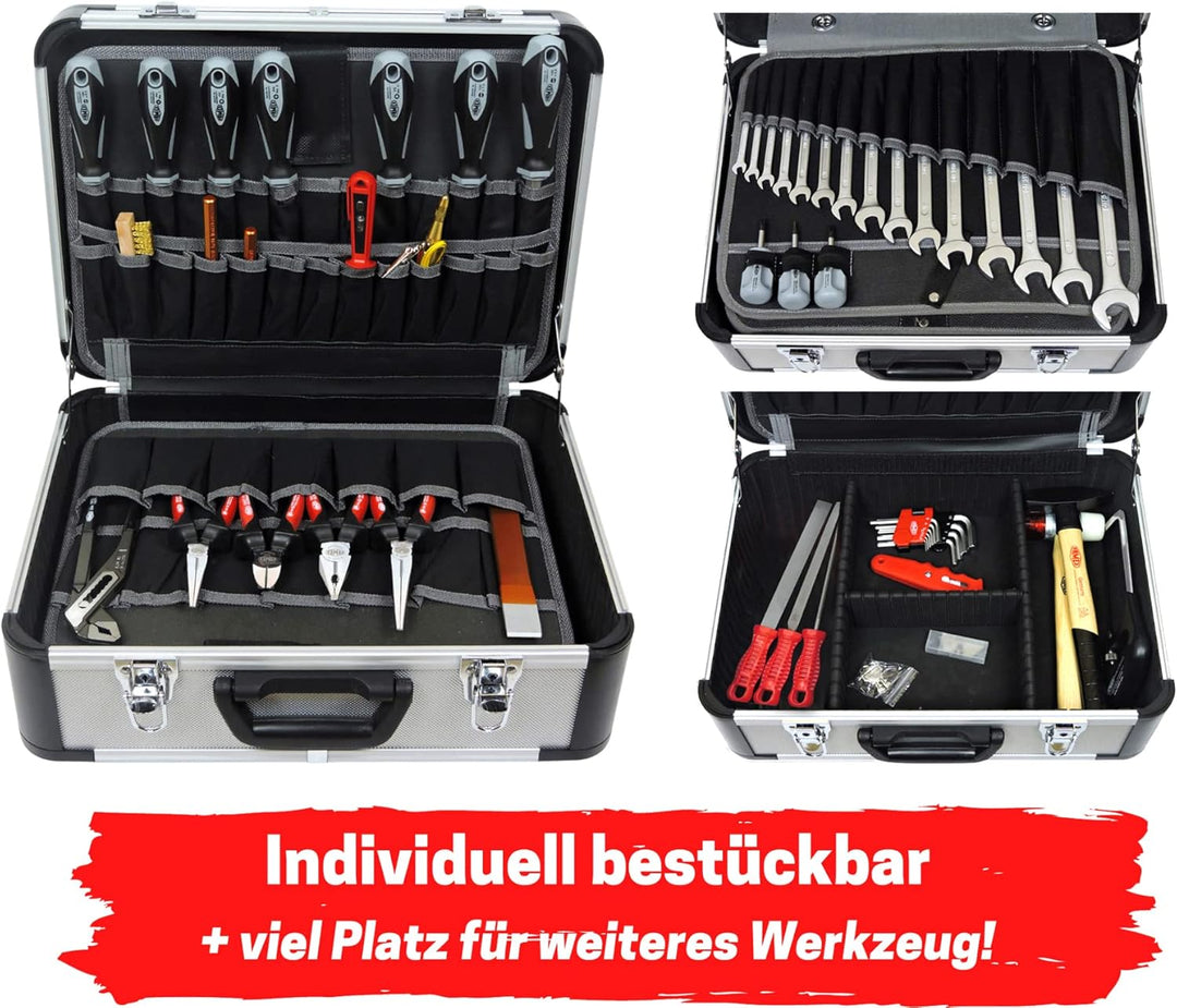 FAMEX 420-18 Alu Werkzeugkoffer gefüllt mit Top Werkzeug Set und Steckschlüsselsatz - Werkzeugkasten
