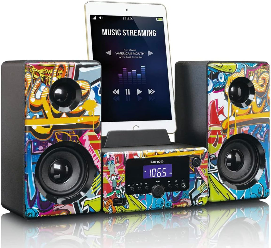Lenco MC-020 Tags – Mikro-Stereoanlage mit FM-Radio, Bluetooth, USB und AUX, Weckfunktion, USB-Lader