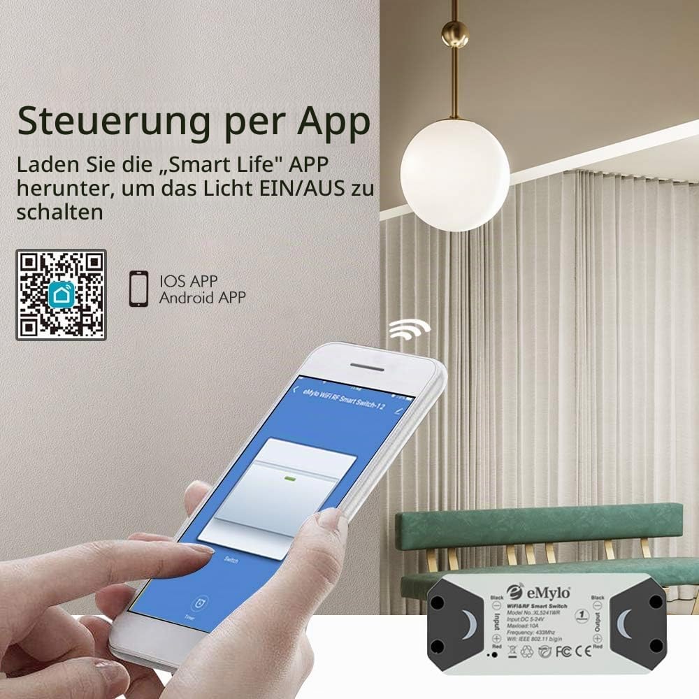 eMylo Smart WiFi RF Lichtschalter Drahtlose Fernbedienung Relaismodulschalter 5V-36V 1 Kanal Timer C