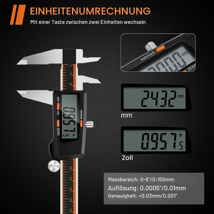 HARDELL Digitaler Messschieber 150mm mit grossem LCD-Bildschirm, Messwerkzeug mit Automatischer Absc