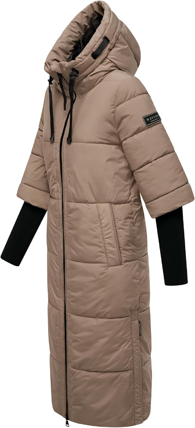 Navahoo Damen langer Wintermantel warmer Steppmantel mit Kapuze und Rippstrickärmeln Ciao Miau XIV X