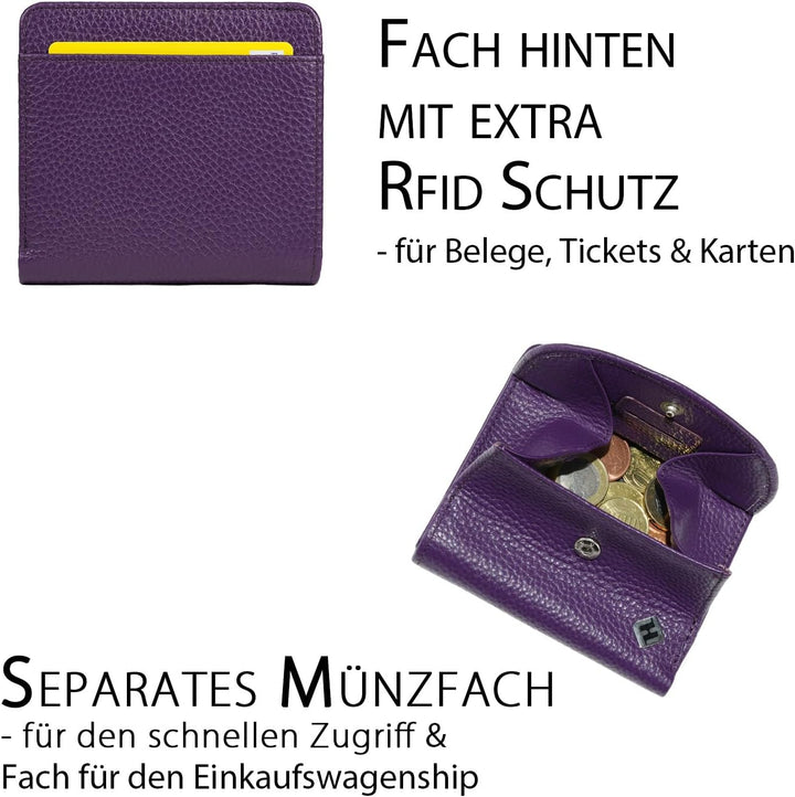 Geldbörse Damen klein viele Fächer, Reise Portemonnaie, Leder lila, RFID Blocker, Münzfach | Wiener