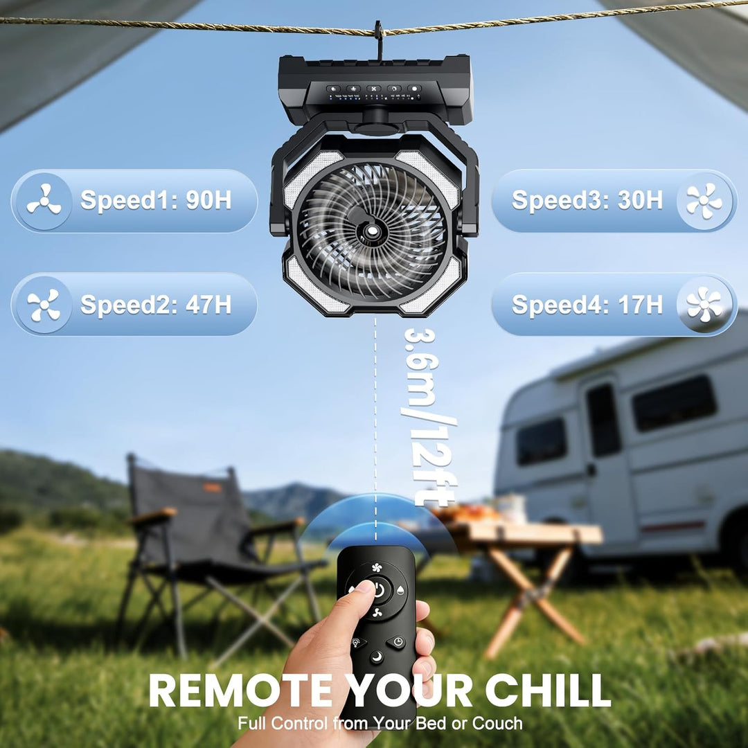 Camping Ventilator mit Sprühkühlung，Akku 20000 mAh & Fernbedienung, 250ml Tank, LED Licht, Aufhängeh