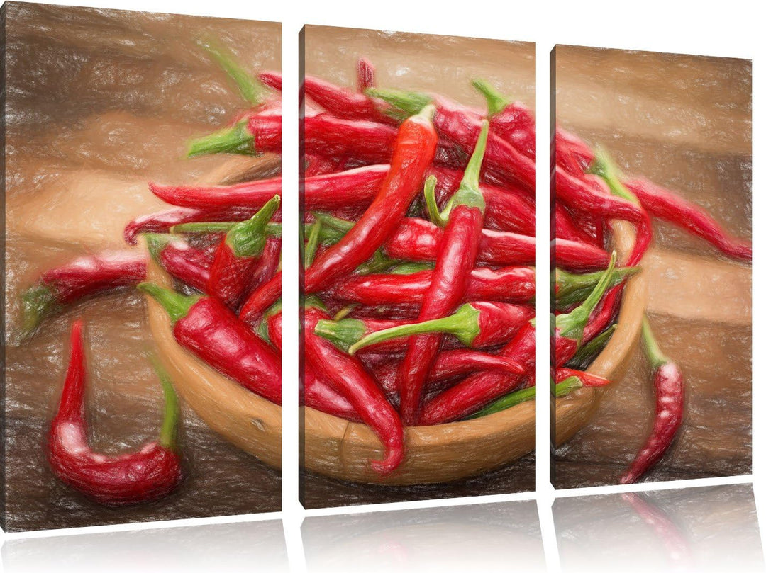 Pixxprint Scharfe Chilishoten Bunstift Effekt 3-Teiler Leinwandbild 120x80 Bild auf Leinwand