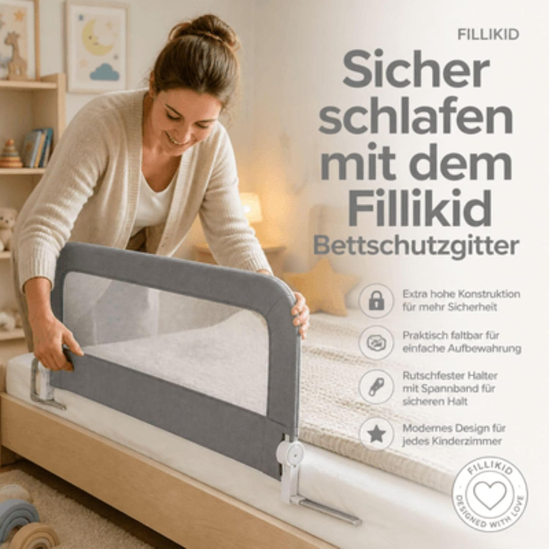 Fillikid Bettschutzgitter Exclusiv | Rausfallschutz Kinder 150 cm x 60 cm | Kinder-Bettgitter rutsch