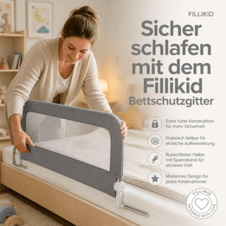 Fillikid Bettschutzgitter Exclusiv | Rausfallschutz Kinder 150 cm x 60 cm | Kinder-Bettgitter rutsch