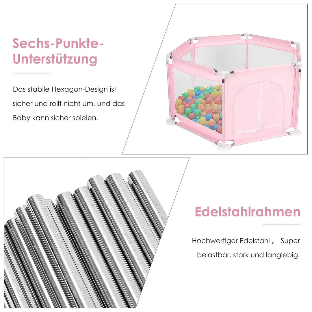 Faltbarer Laufstall Baby 128×110×65 cm – sechseckiger Laufgitter Baby mit atmungsaktiven Netz-Seiten