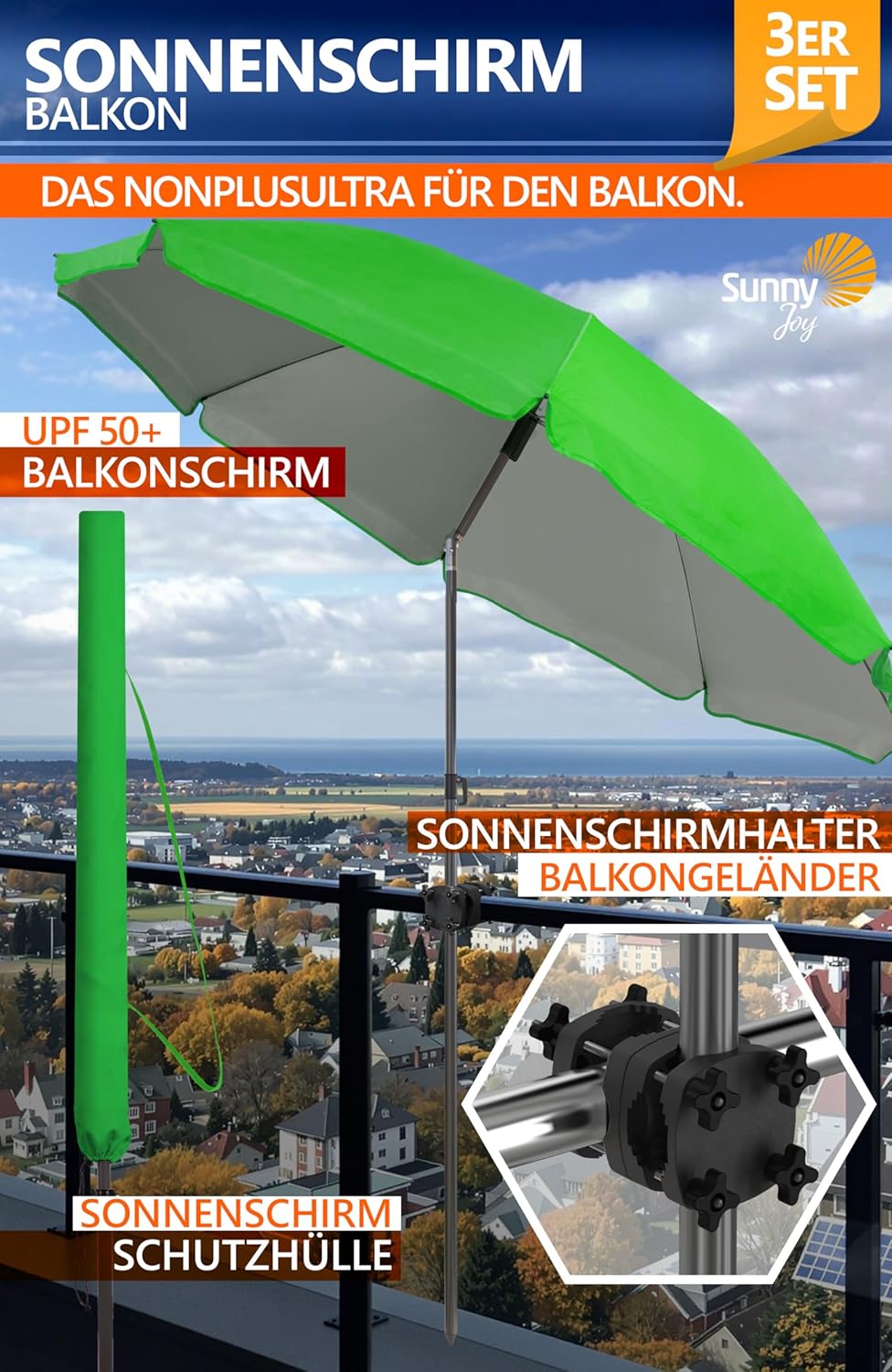 4smile Sonnenschirm Balkon SunnyJoy im 3er-Set - UPF 50+ Balkon Schirm 180 cm + Sonnenschirmhalter B